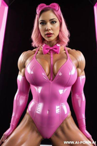 More muscular, female bodybuilder, pink latex bodysuit, pink bowtie, - ai-porn.ai on pornintellect.com