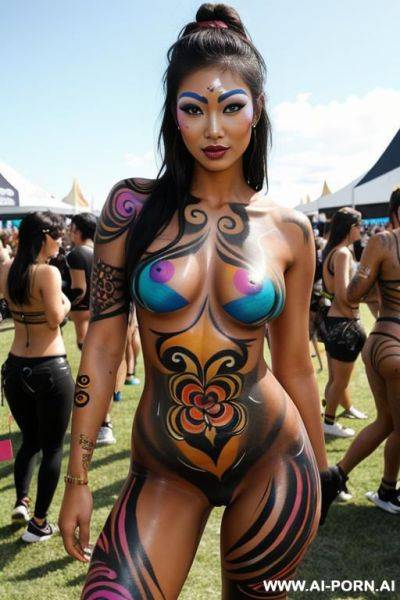 Woman adult asian tan athletic big thighs, wearning body paint, with other womans, at edm festival. covered in body paint, body paint tattos, tribal colorful tattoos - ai-porn.ai on pornintellect.com