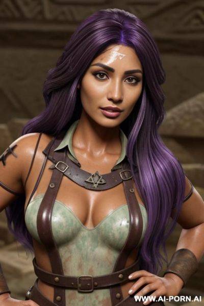 (mature depiction) closeup, tanned skin colour, flowing hairdo, purple hair with black highlights, wild succubus, - ai-porn.ai on pornintellect.com