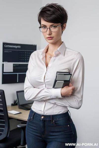 Short hair, pixiecut, german, nerdy short, slender, fit, jeans, shirt, office - ai-porn.ai - Germany on pornintellect.com