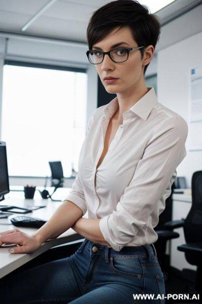 Short, pixiecut, german, nerd, slender, fit, jeans, shirt, office - ai-porn.ai - Germany on pornintellect.com