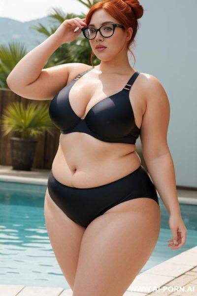 Plus size woman, 20 years old chubby, so chubby and super curvy, bright red hair bun, wearing round eye glasses, wet from sweat, breasts super heavy, saggy boobs, wearing tight single piece - ai-porn.ai on pornintellect.com