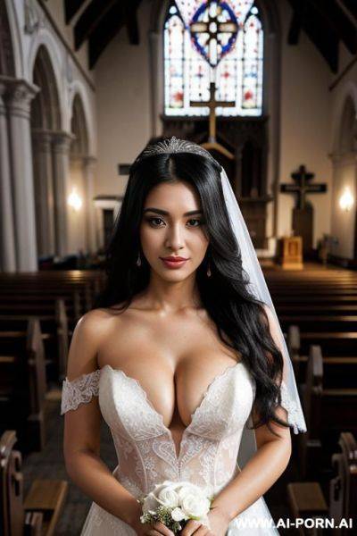 20 yeard old latina. long black hair, big tis, wearing a wedding dress with cleavage in a church - ai-porn.ai on pornintellect.com