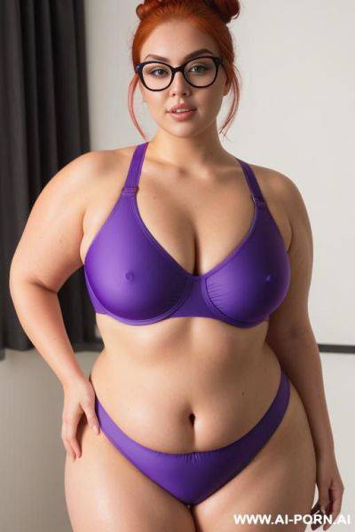 Bbw woman, 20 years old, so chubby, so chubby with lovehandless, bright red hair bun, wearing round eye glasses, wet from sweat, breasts super heavy, saggy boobs, wearing tight single piece - ai-porn.ai on pornintellect.com