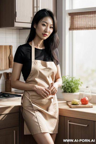 Asian woman, ((detailed face)), (no make up), naked, wearing an apron, in a kitchen, , (photorealistic) - ai-porn.ai on pornintellect.com