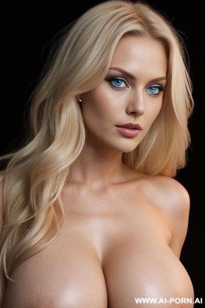 Sexy finnish, (((naked))), woman (((enormous boobs))), miss universe model, blue eyes, triangular face, lustful gaze, pointed chin, blonde hair, long and wavy, black background - ai-porn.ai - Finland on pornintellect.com
