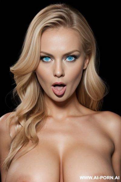 Sexy finnish, (((naked))), woman (((enormous boobs))), miss universe model, blue eyes, triangular face, surprised, mouth opened, pointed chin, blonde hair wavy, black background - ai-porn.ai - Finland on pornintellect.com