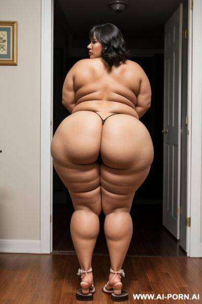 Bbw milf with huge fat ass, backview, standing up, full body in frame, wearing nog and but flip flops, tiptoeing, looking back to the camera - ai-porn.ai on pornintellect.com