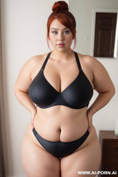 Bbw woman, 20 years old, so chubby, so chubby with lovehandless and tummy, bright red hair bun, wet from sweat, saggy boobs, wearing tight single piece swimsuit, swimsuit has push up bra - ai-porn.ai on pornintellect.com