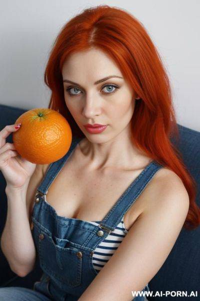 The image features a woman with red hair holding an orange. she is wearing a striped tank top and denim overalls.very very hairy pussy - ai-porn.ai on pornintellect.com