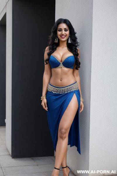 Indians, black hair, long curly hair, fit, abs, navel piercing, earrings, blue bra, blue skirt, tall, looking at camera, full body, stiletto, gy on ground - ai-porn.ai - India on pornintellect.com