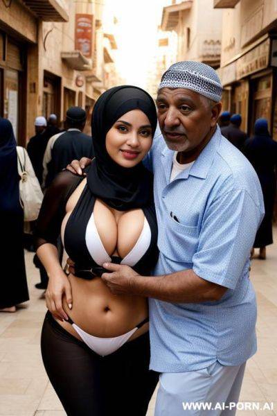 Curvy arabic busty wearing hijab and bikini hugged from two black grandpa in crowded street - ai-porn.ai on pornintellect.com