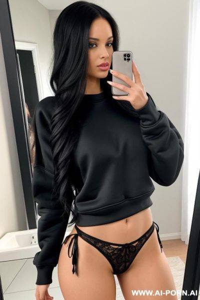 Woman long hair black thong sweatshirt assbselfie photo in the mirror - ai-porn.ai on pornintellect.com