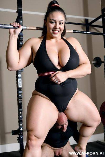 A caucasian thick women powerlifter who’s lifting a scrawny small guy up in the air and giving him a handjob - ai-porn.ai on pornintellect.com