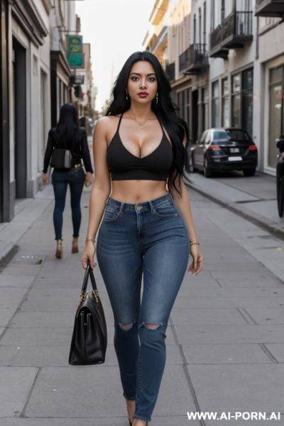 Latina woman. long black hair, big tis, wearing a crop topwith cleavage, and jeans, in the street - ai-porn.ai on pornintellect.com