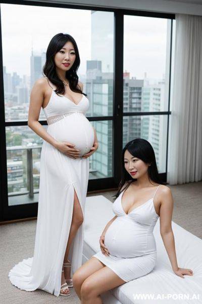 Two asian women, pregnant, wearing white dresses, in a penthouse, looking at the viewer, - ai-porn.ai on pornintellect.com