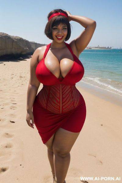 Egyptian queen wearing red dress, (bobcut hairstyle), (((massive huge breasts))), full body view, photorealistic, ((chubby woman)), ((wide hips)), beach, smiling, (hairband), (showing armpit) - ai-porn.ai - Egypt on pornintellect.com