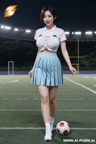 Thailand, chinese woman ((big boobs)) short bob hair running playing football white shirt (((blue pleated skirt))) showing ass ((ass flash)) showing ass outdoors football field - ai-porn.ai - China on pornintellect.com