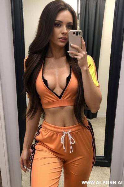 Woman long hair short tracksuits sports top selfie photo in the mirror - ai-porn.ai on pornintellect.com