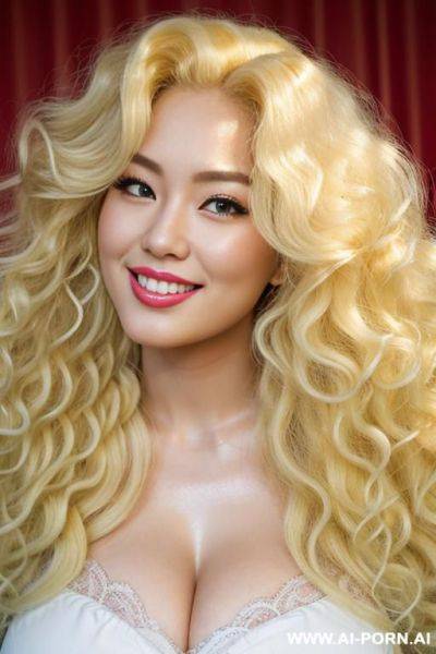 Detailed super realistic blonde curvy chinese pin-up model with beautiful long thick fluffy curly hair, fluffy curly hair, thick full-bodied curly hair, beautiful bouncy blonde curls, giant fluffy - ai-porn.ai - China on pornintellect.com