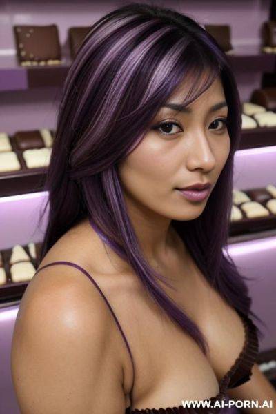 Closeup, tanned skin colour, flowing hairdo, purple hair with black highlights, milf escort, enormous milkers, - ai-porn.ai on pornintellect.com