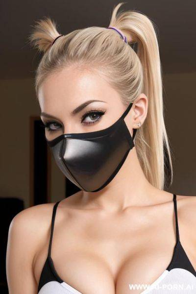 Blond ponytail 20 year old woman with a duct tape ninja mask under the nose - ai-porn.ai on pornintellect.com