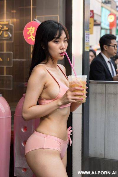 A slutty asian woman drinks bubble tea with a straw. - ai-porn.ai on pornintellect.com