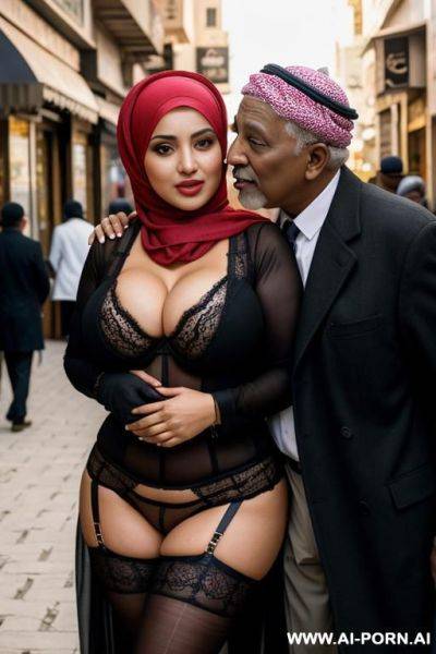 Curvy arabic busty wearing hijab and lingerie hugged from black grandpa in crowded street - ai-porn.ai on pornintellect.com