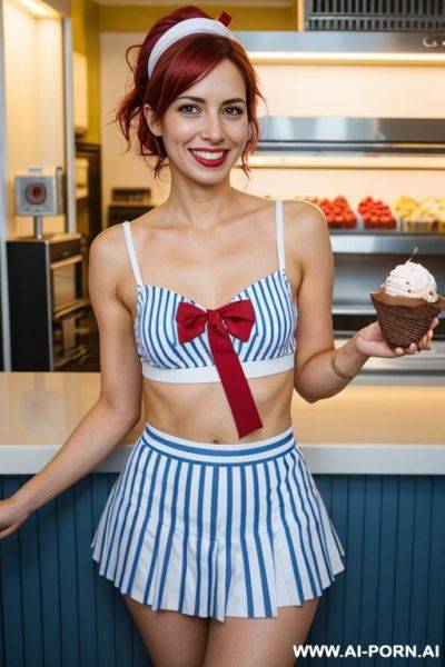 Woman, messy shoulder-length light brown hair, 10s sailor uniform, blue and white stripes, red ribbon, scoops ahoy, ice cream counter, 0s mall, quirky smile, bright lights, nsfw, nude - ai-porn.ai on pornintellect.com