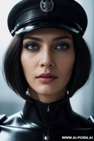 High quality, highly detailed, photorealistic, 8k, cyberpunk, black open military uniform, black militarty cap, epaulettes, a dramatic, high-contrast photograph of an 18-year-old woman, super , sharp - ai-porn.ai on pornintellect.com