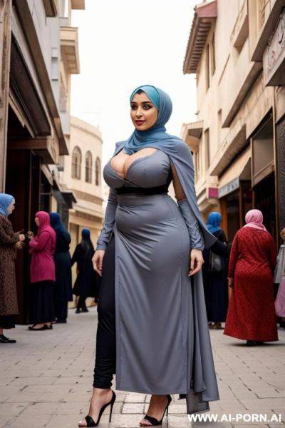 Curvy arabic busty wearing hijab standing naked in crowded street - ai-porn.ai on pornintellect.com