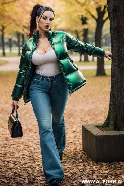 Brunette in park, wearing gigantic oversized shiny green puffer coat, green t-shirt under jacket, blue jeans, - ai-porn.ai on pornintellect.com