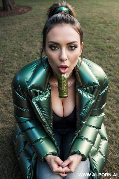 Brunette in park, (((wearing gigantic oversized shiny green puffer coat))), on her knees, sucking penis,, hands on penis, penis in mouth, looking up, green t-shirt under jacket, blue jeans, penis in mouth, sucking - ai-porn.ai on pornintellect.com