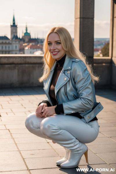 Beautiful woman, czech, blonde, mid 20s, long hair, plaza, natural boobs, natural big ass, czech city in background, light blue leather jacket, white leather pants, black boots - ai-porn.ai - Czech Republic on pornintellect.com