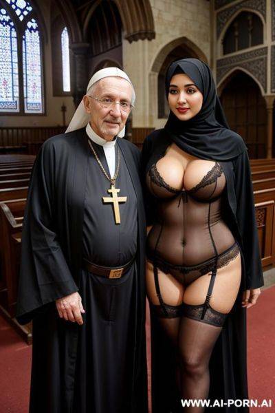 Curvy arabic busty wearing hijab and lingerie standing beside old priest in church - ai-porn.ai on pornintellect.com