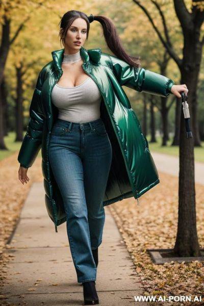 Brunette in park, wearing gigantic oversized shiny green puffer coat, green t-shirt under jacket, open blue jeans, pussy visible - ai-porn.ai on pornintellect.com