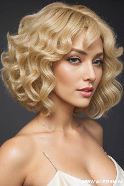 Refined elegant classy blonde pin-up with fluffy perfectly coiffed bouncy blonde curly bob haircut, beautiful blonde curls, big fluffy curls, big sexy fluffy curls, thick full gorgeous curly blonde hair, big hair, big hair, half japanese - ai-porn.ai - Japan on pornintellect.com