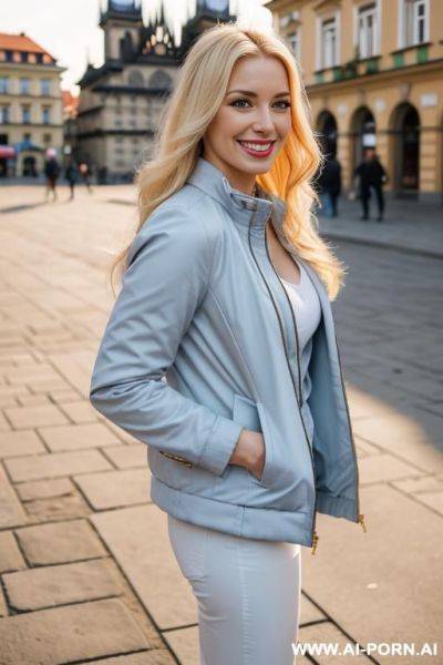 Beautiful woman, czech, blonde, mid 20s, long hair, plaza, natural boobs, natural big ass, czech city in background, light blue jacket, white pants - ai-porn.ai - Czech Republic on pornintellect.com