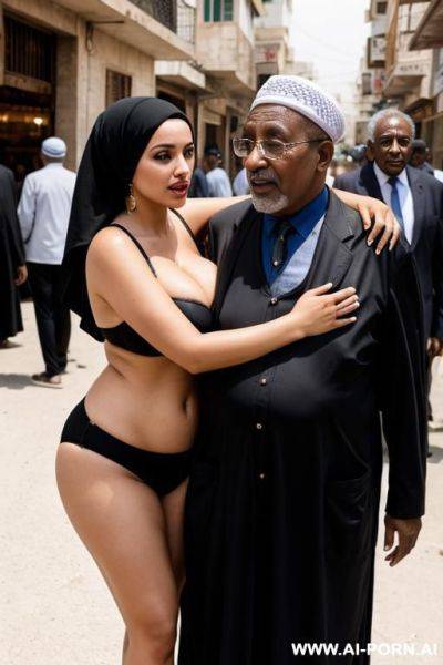 Curvy arabic busty wearing hijab and bikini hugged from black grandpa in crowded street - ai-porn.ai on pornintellect.com