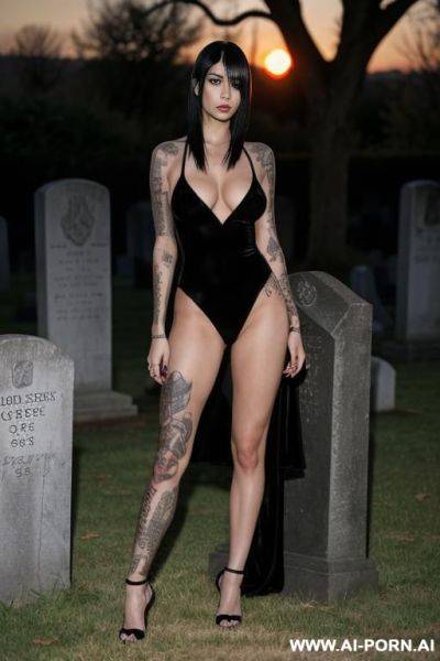 Fully naked goth babe, black ankle bracelets, posing in a graveyard, many black tattoos - ai-porn.ai on pornintellect.com