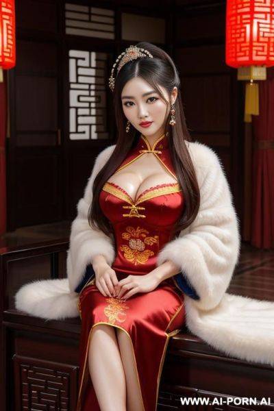 Chinese traditional clog, silk, winter clothes, palace, beautiful face, perfect body, big eyes, big breasts, chinese, detail, seductive, rich lady, royal - ai-porn.ai - China on pornintellect.com