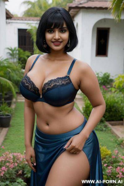 Indian woman, 20 years, short straight hair, black hair, bangs, voluptuous, natural boobs, naval piercing, blue bra, blue skirt, standing, hands up, garden, seductive smile, looking at camera, side view - ai-porn.ai - India on pornintellect.com