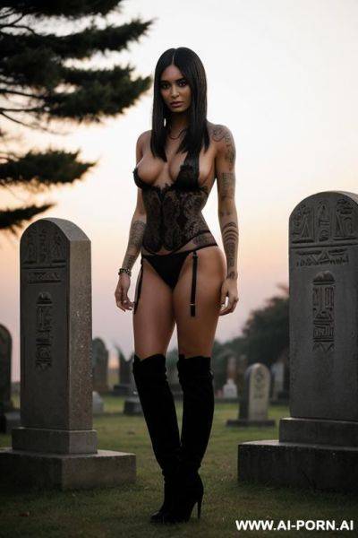 Topless, lacy panties, black ankle-boots, posing in a graveyard, many black tattoos - ai-porn.ai on pornintellect.com