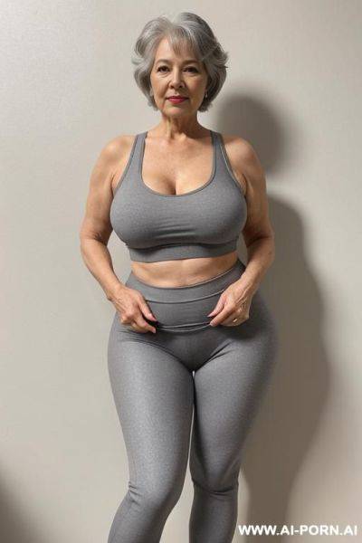 0 year old grandmother, full body, standing, short gray hair, very visible age marks, large natural breasts, triangle hips, thick thighs, wearing gray leggings and a short tank top, hands on her waist - ai-porn.ai on pornintellect.com