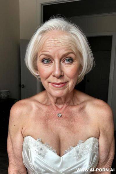 Mature, saggy, wrinkly, medium length white hair, wedding. dress - ai-porn.ai on pornintellect.com