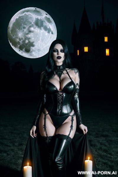 Giant boobs, goth woman, hot, horny, black gothic outfit, half naked, spooky castle, moon light, candles - ai-porn.ai on pornintellect.com