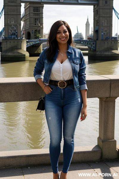 Denim jacket, white blouse, belt, denim jean, high heels, posing in front of tower bridge, chubb - ai-porn.ai on pornintellect.com