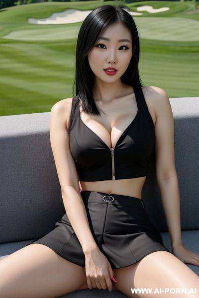 Sexy nerdy chinese woman, black hair, crop top, golf skirt, spreading her legs. cleavage showing, and spreading her legs. teasing - ai-porn.ai - China on pornintellect.com