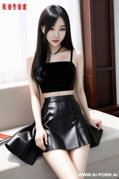 Sexy chinese woman, black hair, short skirt, crop top, spreading legs. - ai-porn.ai - China on pornintellect.com