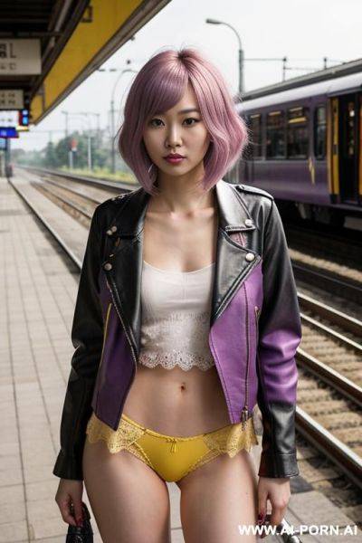 Eye contact topless leather jacket yellow lace panties railway station platform - ai-porn.ai on pornintellect.com